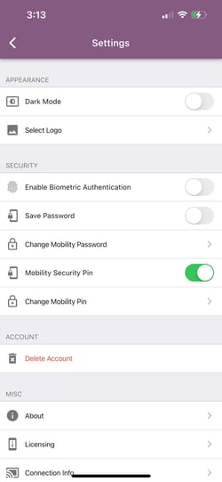 Mobility Settings Pin toggle